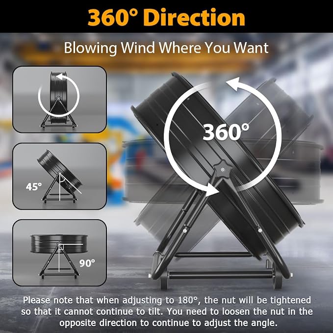 24 Inch Industrial Drum Fan, High Velocity Floor Fan, 3 Speed Heavy Duty Metal Air Circulator, 360° Tilt with Casters Handle