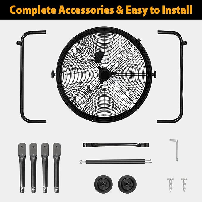 24 Inch Industrial Drum Fan, High Velocity Floor Fan, 3 Speed Heavy Duty Metal Air Circulator, 360° Tilt with Casters Handle