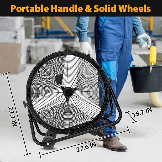24 Inch Industrial Drum Fan, High Velocity Floor Fan, 3 Speed Heavy Duty Metal Air Circulator, 360° Tilt with Casters Handle
