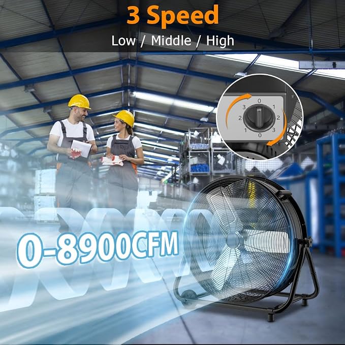 24 Inch Industrial Drum Fan, High Velocity Floor Fan, 3 Speed Heavy Duty Metal Air Circulator, 360° Tilt with Casters Handle