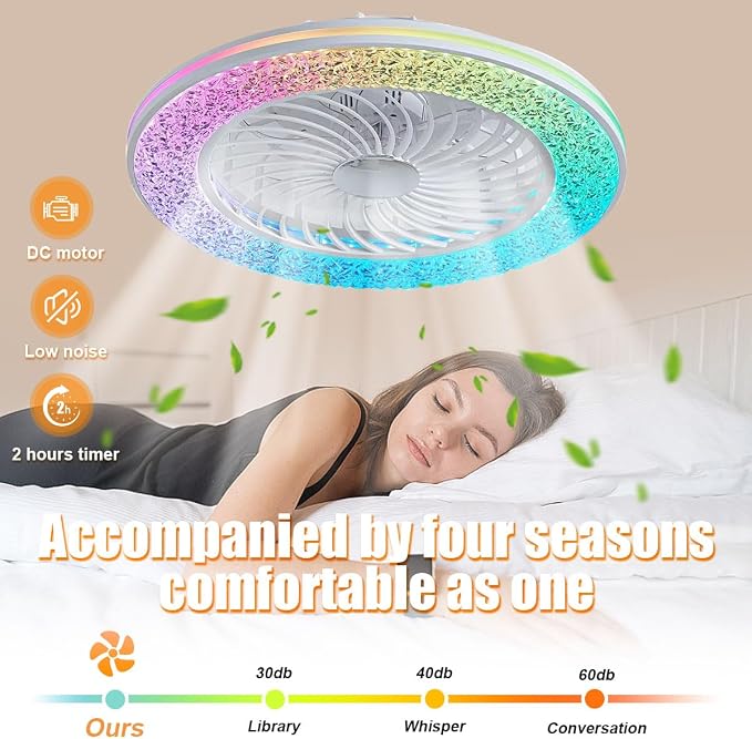 24 Inch Led Enclosed Ceiling Fans with Lights, Rgb Bladeless Modern Ceiling Fan Low Profile for Living Room (24 Inch)
