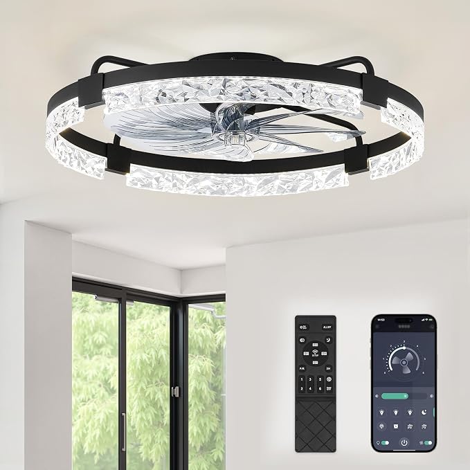 24 Inch Low Profile Ceiling Fans with Lights and Remote, Flush Mount Fandelier Ceiling Fan, 3000K-6000K Dimmable