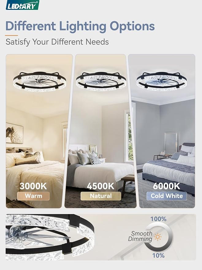 24 Inch Low Profile Ceiling Fans with Lights and Remote, Flush Mount Fandelier Ceiling Fan, 3000K-6000K Dimmable, alternate
