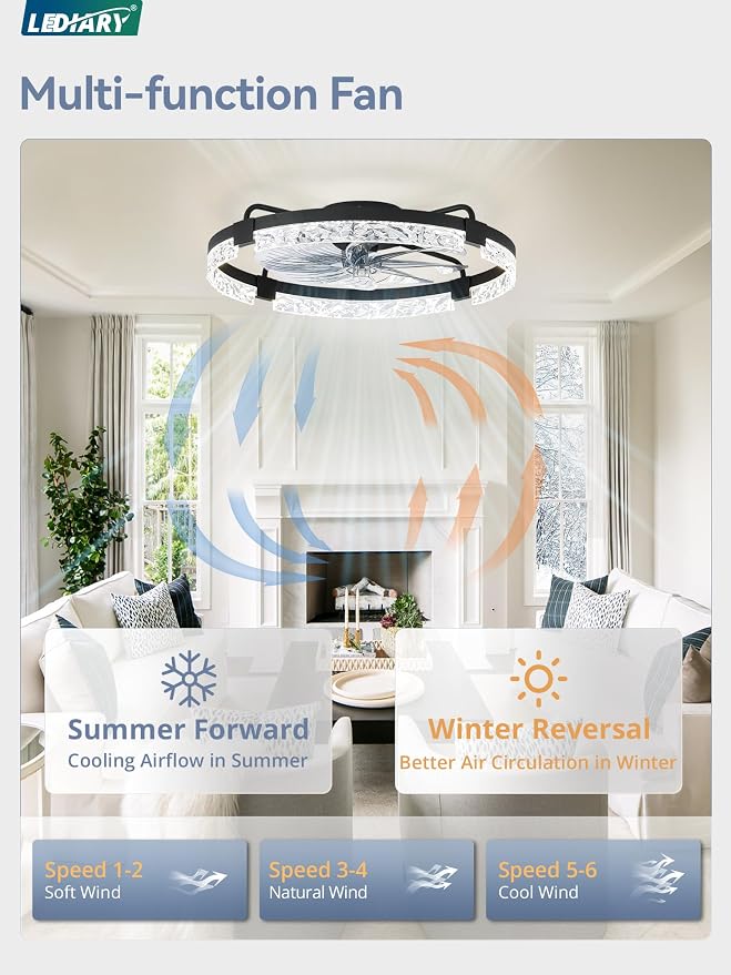 24 Inch Low Profile Ceiling Fans with Lights and Remote, Flush Mount Fandelier Ceiling Fan, 3000K-6000K Dimmable, alternate