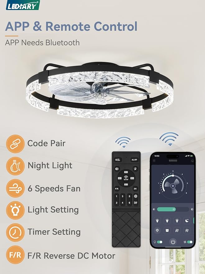 24 Inch Low Profile Ceiling Fans with Lights and Remote, Flush Mount Fandelier Ceiling Fan, 3000K-6000K Dimmable, alternate