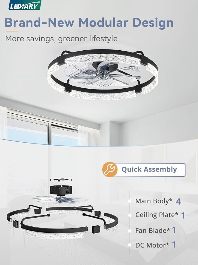 24 Inch Low Profile Ceiling Fans with Lights and Remote, Flush Mount Fandelier Ceiling Fan, 3000K-6000K Dimmable, alternate