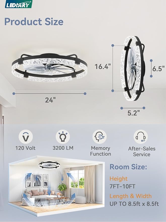24 Inch Low Profile Ceiling Fans with Lights and Remote, Flush Mount Fandelier Ceiling Fan, 3000K-6000K Dimmable, alternate