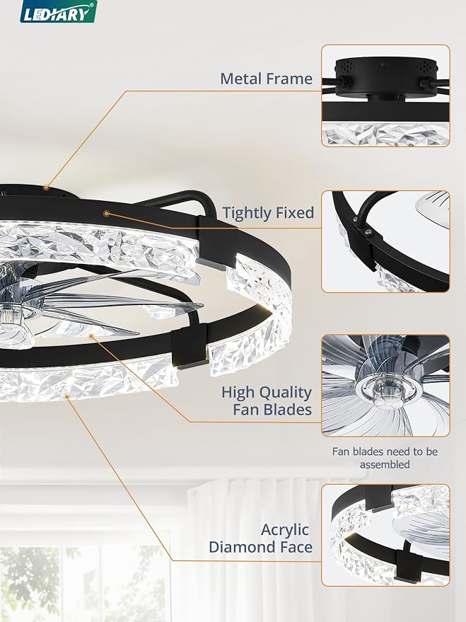 24 Inch Low Profile Ceiling Fans with Lights and Remote, Flush Mount Fandelier Ceiling Fan, 3000K-6000K Dimmable, alternate