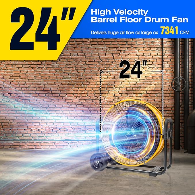 24 Inches 7341 CFM Heavy Duty High Velocity Barrel Floor Drum Fan With DC Brushless Motor,Stepless Speed Adjustment for