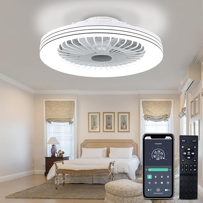 24" Low Profile Bladeless Ceiling Fan with Light, Enclosed Flush Mount Remote/APP Control, 3CCT Dimmable Light, Quiet 6