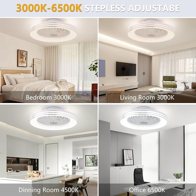 24" Low Profile Bladeless Ceiling Fan with Light, Enclosed Flush Mount Remote/APP Control, 3CCT Dimmable Light, Quiet 6