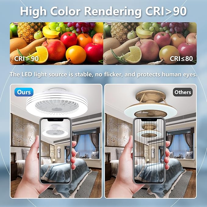 24" Low Profile Bladeless Ceiling Fan with Light, Enclosed Flush Mount Remote/APP Control, 3CCT Dimmable Light, Quiet 6