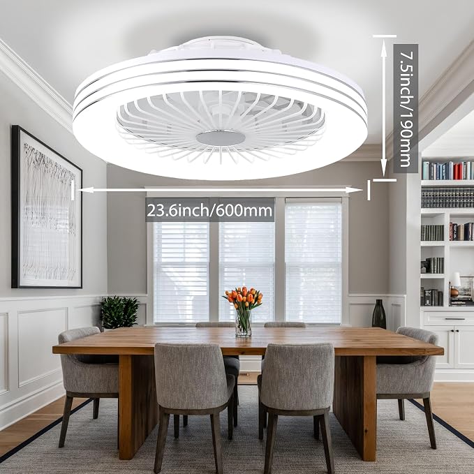 24" Low Profile Bladeless Ceiling Fan with Light, Enclosed Flush Mount Remote/APP Control, 3CCT Dimmable Light, Quiet 6