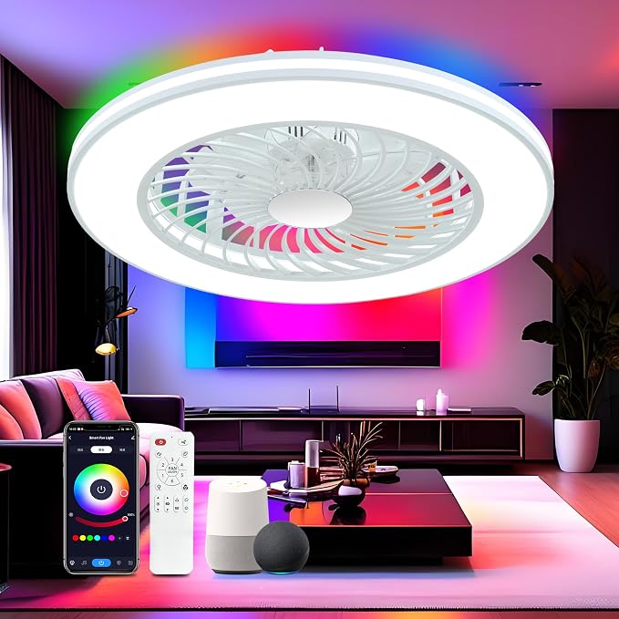 24'' Low Profile Bladeless Ceiling Fans with Lights, Remote/APP/Alexa Smart Control, RGB & 3CCT Dimmable, Flush Mount Ceiling