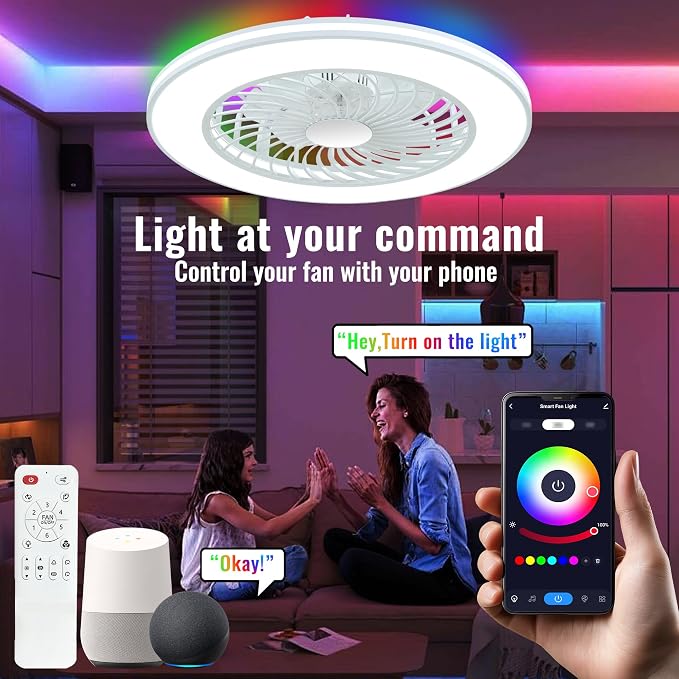 24'' Low Profile Bladeless Ceiling Fans with Lights, Remote/APP/Alexa Smart Control, RGB & 3CCT Dimmable, Flush Mount Ceiling