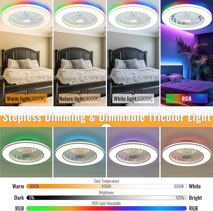 24'' Low Profile Bladeless Ceiling Fans with Lights, Remote/APP/Alexa Smart Control, RGB & 3CCT Dimmable, Flush Mount Ceiling