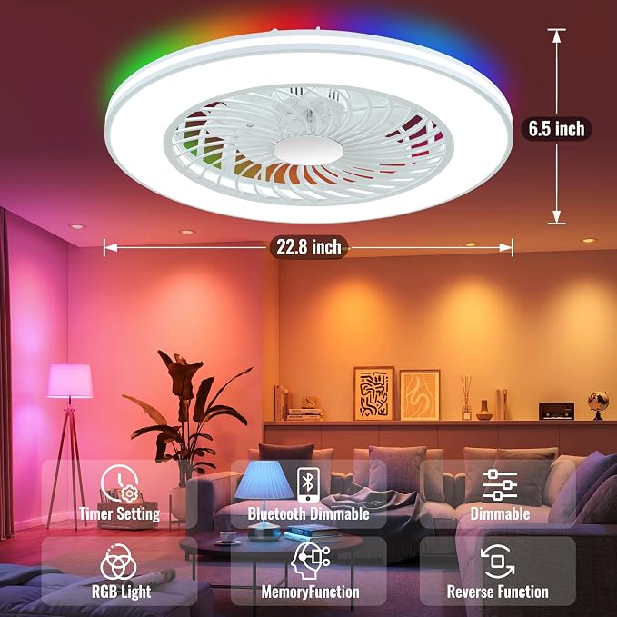 24'' Low Profile Bladeless Ceiling Fans with Lights, Remote/APP/Alexa Smart Control, RGB & 3CCT Dimmable, Flush Mount Ceiling