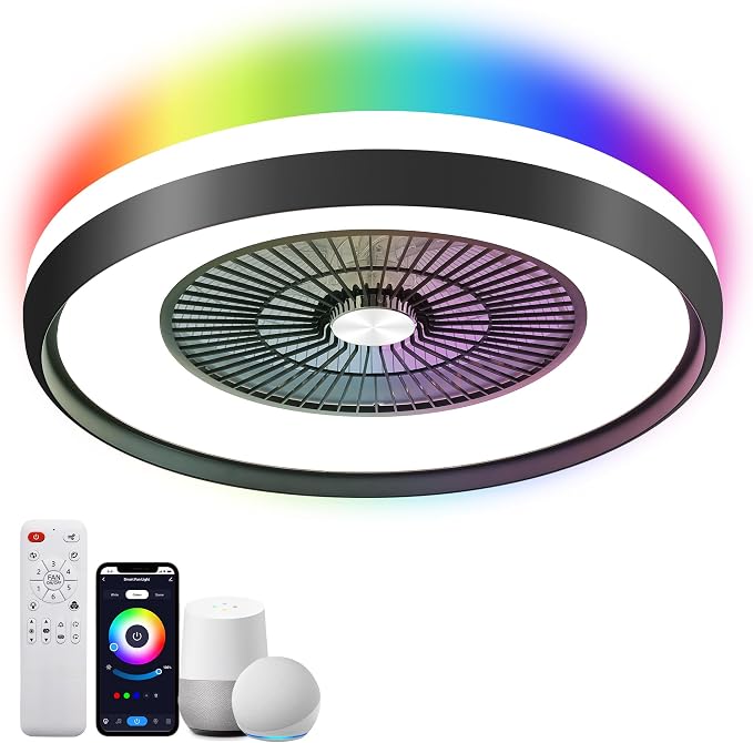 24" Low Profile Ceiling Fan with RGB Lights, Bladeless Ceiling Fan with Remote/APP/Voice Control, 6 Speeds Flush Mount