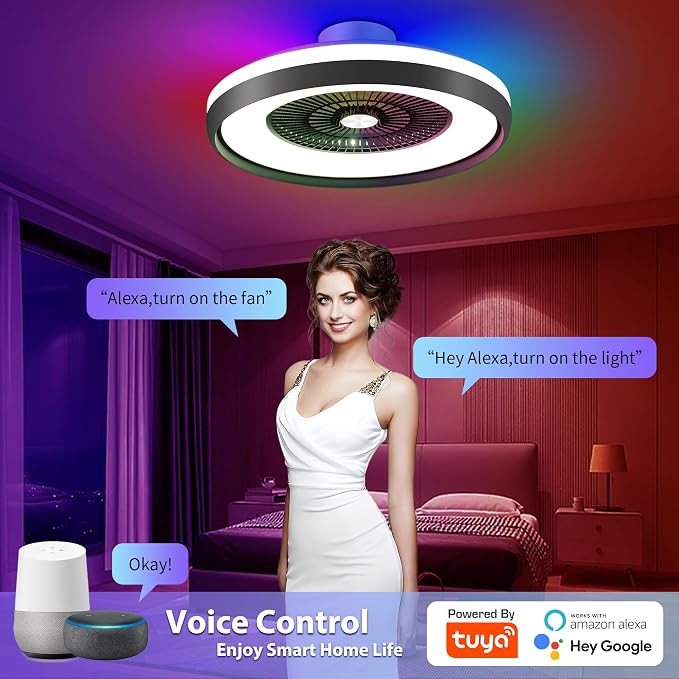 24" Low Profile Ceiling Fan with RGB Lights, Bladeless Ceiling Fan with Remote/APP/Voice Control, 6 Speeds Flush Mount