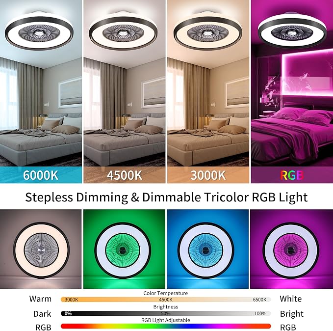 24" Low Profile Ceiling Fan with RGB Lights, Bladeless Ceiling Fan with Remote/APP/Voice Control, 6 Speeds Flush Mount