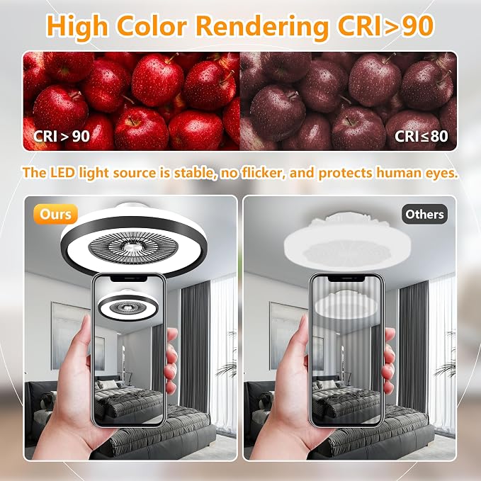 24" Low Profile Ceiling Fan with RGB Lights, Bladeless Ceiling Fan with Remote/APP/Voice Control, 6 Speeds Flush Mount