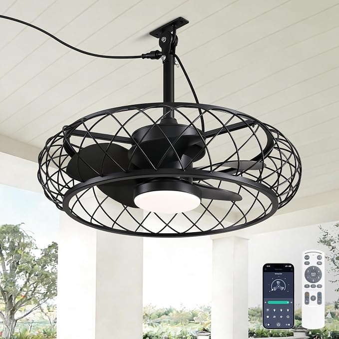 24" Outdoor Ceiling Fan with Light Hanging Plug in Caged Gazebo Fan Remote APP Control 3CCT Dimmable, Quiet Reversible DC