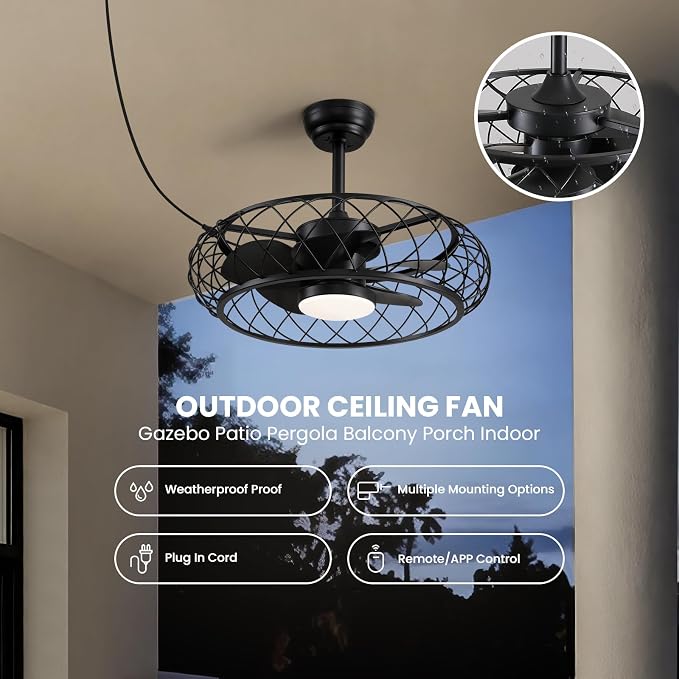 24" Outdoor Ceiling Fan with Light Hanging Plug in Caged Gazebo Fan Remote APP Control 3CCT Dimmable, Quiet Reversible DC