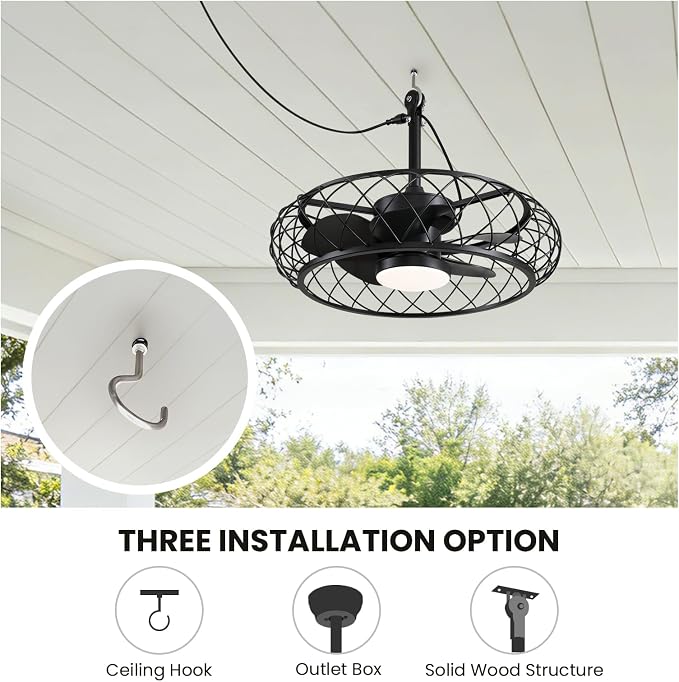 24" Outdoor Ceiling Fan with Light Hanging Plug in Caged Gazebo Fan Remote APP Control 3CCT Dimmable, Quiet Reversible DC