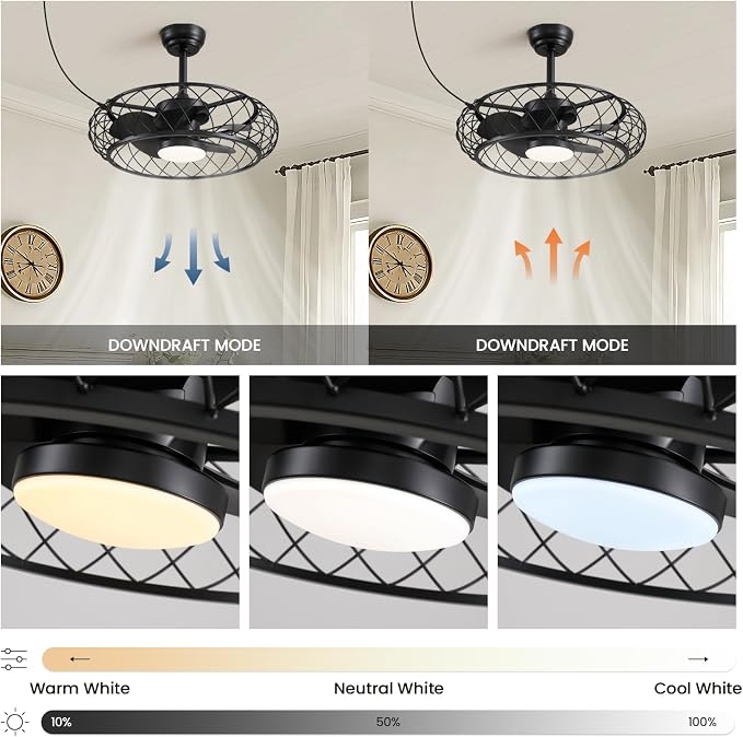 24" Outdoor Ceiling Fan with Light Hanging Plug in Caged Gazebo Fan Remote APP Control 3CCT Dimmable, Quiet Reversible DC