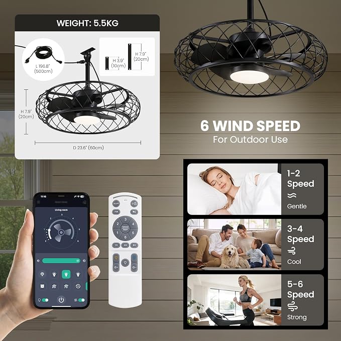 24" Outdoor Ceiling Fan with Light Hanging Plug in Caged Gazebo Fan Remote APP Control 3CCT Dimmable, Quiet Reversible DC