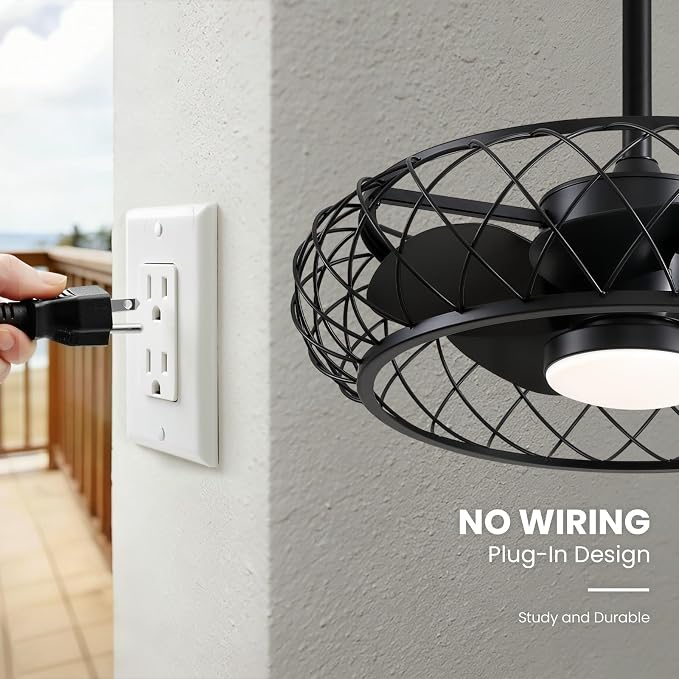 24" Outdoor Ceiling Fan with Light Hanging Plug in Caged Gazebo Fan Remote APP Control 3CCT Dimmable, Quiet Reversible DC