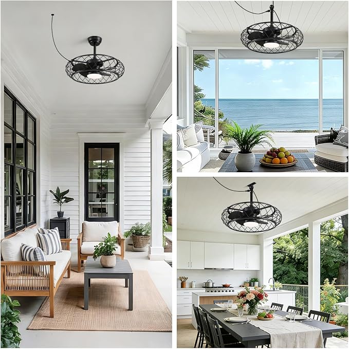 24" Outdoor Ceiling Fan with Light Hanging Plug in Caged Gazebo Fan Remote APP Control 3CCT Dimmable, Quiet Reversible DC