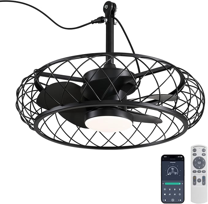 24" Outdoor Ceiling Fan with Light Hanging Plug in Caged Gazebo Fan Remote APP Control 3CCT Dimmable, Quiet Reversible DC