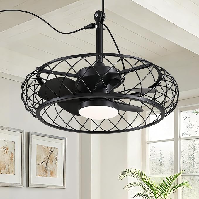 24" Outdoor Ceiling Fan with Light Hanging Plug in Caged Gazebo Fan Remote APP Control 3CCT Dimmable, Quiet Reversible DC