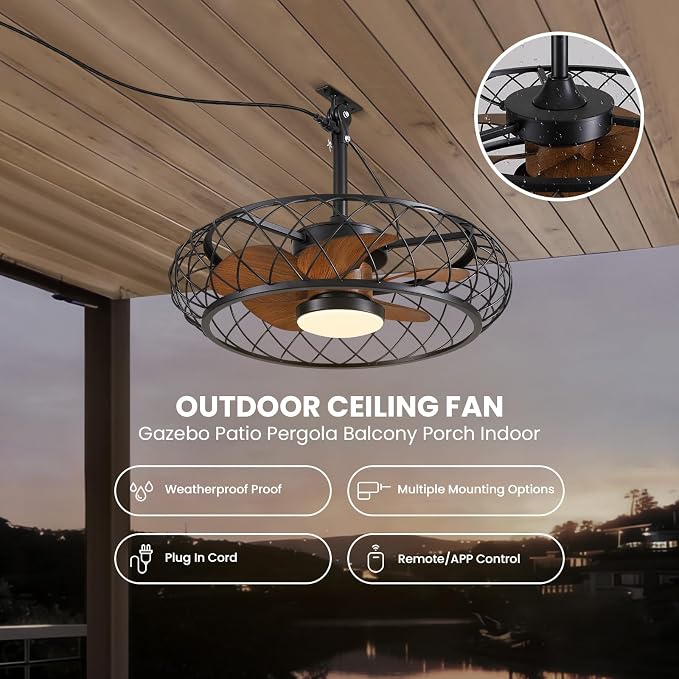 24" Outdoor Ceiling Fan with Lights Hanging Plug in Caged Outdoor Fan Remote APP Control 3CCT Dimmable, Quiet Reversible DC