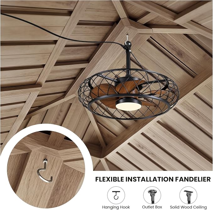 24" Outdoor Ceiling Fan with Lights Hanging Plug in Caged Outdoor Fan Remote APP Control 3CCT Dimmable, Quiet Reversible DC