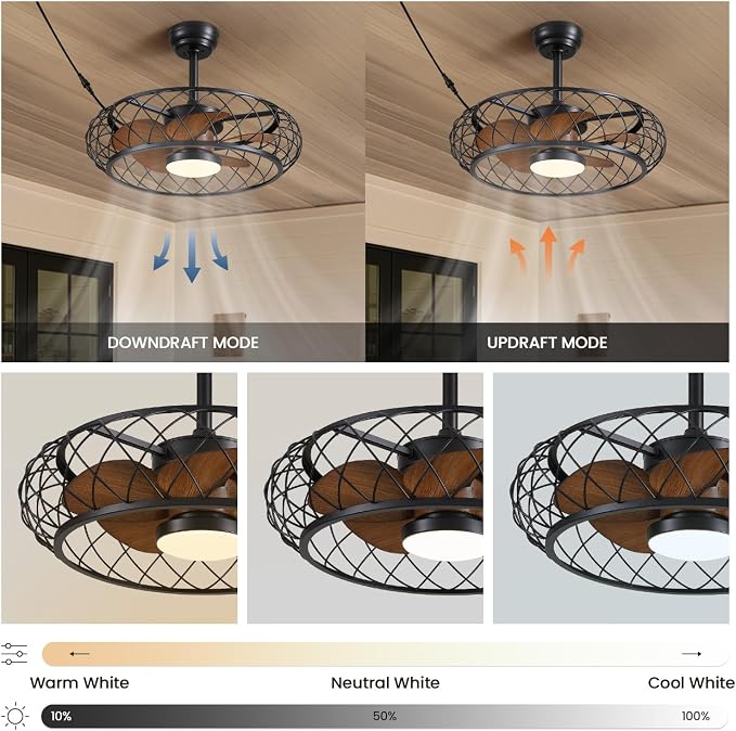 24" Outdoor Ceiling Fan with Lights Hanging Plug in Caged Outdoor Fan Remote APP Control 3CCT Dimmable, Quiet Reversible DC