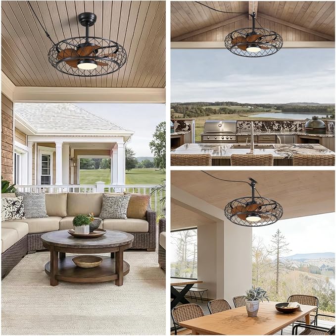 24" Outdoor Ceiling Fan with Lights Hanging Plug in Caged Outdoor Fan Remote APP Control 3CCT Dimmable, Quiet Reversible DC