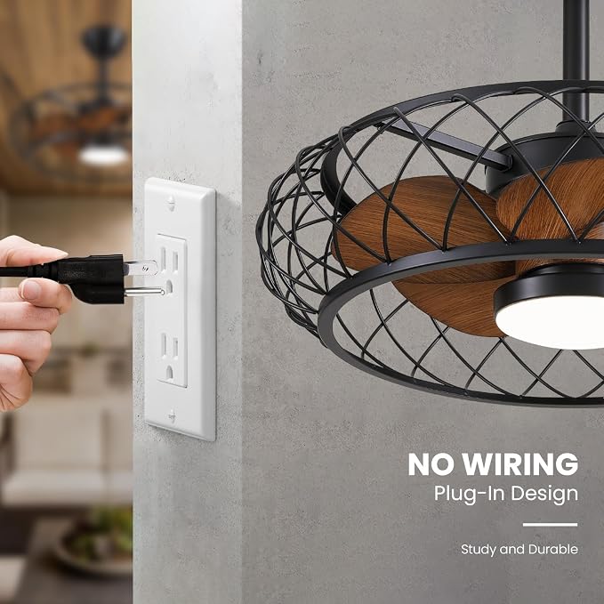 24" Outdoor Ceiling Fan with Lights Hanging Plug in Caged Outdoor Fan Remote APP Control 3CCT Dimmable, Quiet Reversible DC