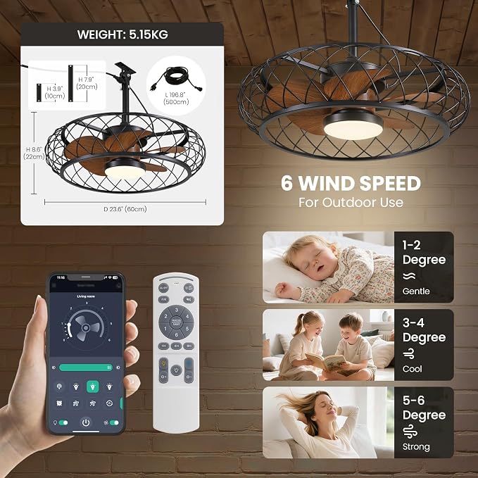 24" Outdoor Ceiling Fan with Lights Hanging Plug in Caged Outdoor Fan Remote APP Control 3CCT Dimmable, Quiet Reversible DC