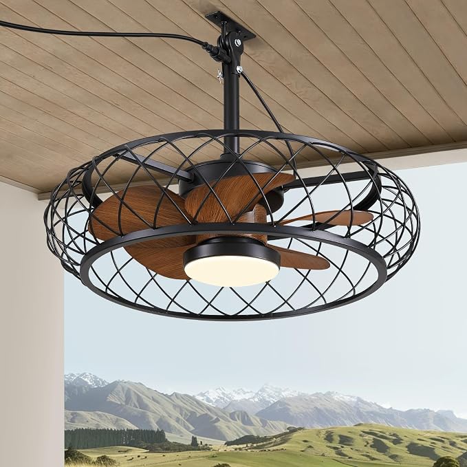 24" Outdoor Ceiling Fan with Lights Hanging Plug in Caged Outdoor Fan Remote APP Control 3CCT Dimmable, Quiet Reversible DC