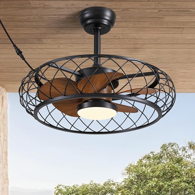 24" Outdoor Ceiling Fan with Lights Hanging Plug in Caged Outdoor Fan Remote APP Control 3CCT Dimmable, Quiet Reversible DC