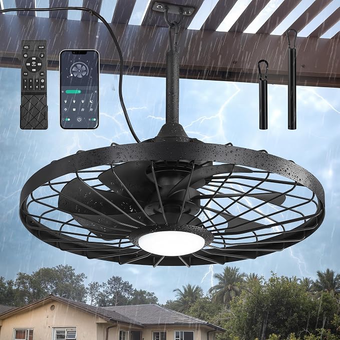 24" Outdoor Ceiling Fan with Lights,IP65 Waterproof Gazebo Hanging Fan with Remote Control Smart App, Plug in Caged Ceiling