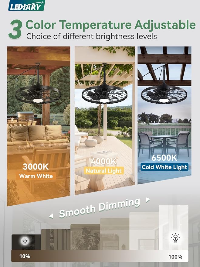24" Outdoor Ceiling Fan with Lights,IP65 Waterproof Gazebo Hanging Fan with Remote Control Smart App, Plug in Caged Ceiling
