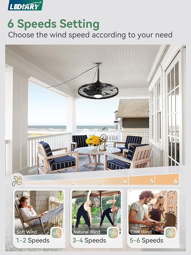 24" Outdoor Ceiling Fan with Lights,IP65 Waterproof Gazebo Hanging Fan with Remote Control Smart App, Plug in Caged Ceiling