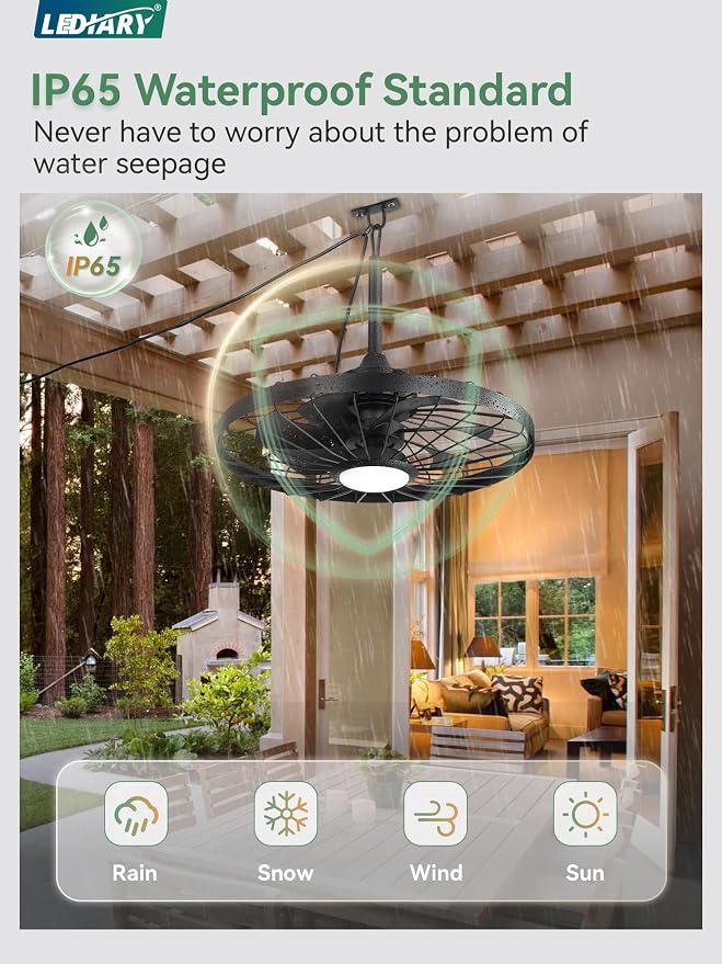 24" Outdoor Ceiling Fan with Lights,IP65 Waterproof Gazebo Hanging Fan with Remote Control Smart App, Plug in Caged Ceiling