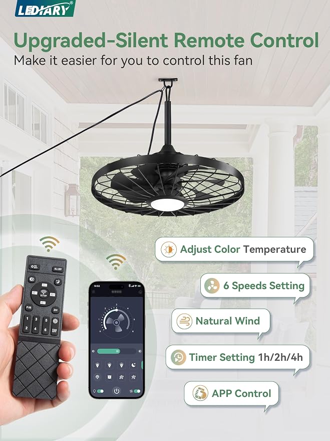 24" Outdoor Ceiling Fan with Lights,IP65 Waterproof Gazebo Hanging Fan with Remote Control Smart App, Plug in Caged Ceiling