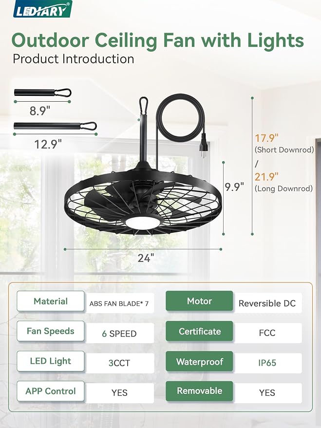 24" Outdoor Ceiling Fan with Lights,IP65 Waterproof Gazebo Hanging Fan with Remote Control Smart App, Plug in Caged Ceiling