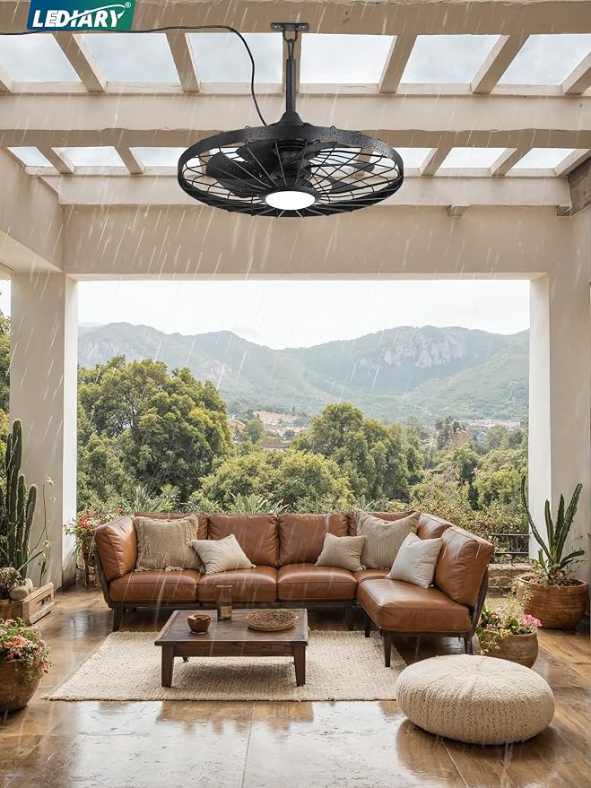 24" Outdoor Ceiling Fan with Lights,IP65 Waterproof Gazebo Hanging Fan with Remote Control Smart App, Plug in Caged Ceiling