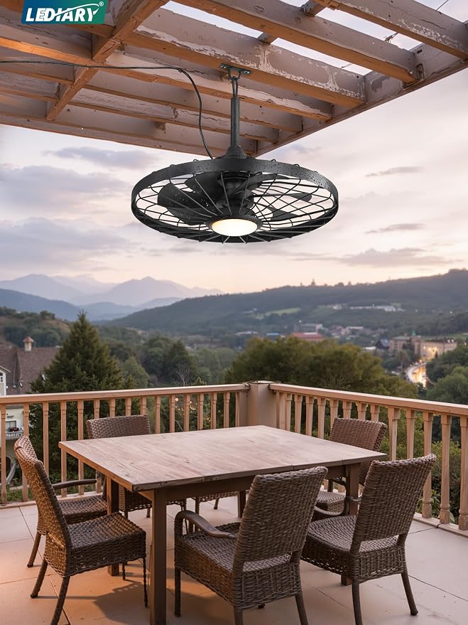 24" Outdoor Ceiling Fan with Lights,IP65 Waterproof Gazebo Hanging Fan with Remote Control Smart App, Plug in Caged Ceiling